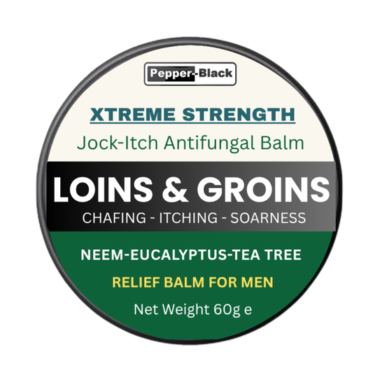 Tin of Pepper-Black Xtreme Strength Jock-Itch Antifungal Balm for loins and groins on a white background