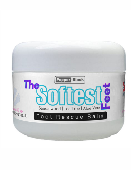Jar of 'The Softest Feet' foot rescue balm on a white background