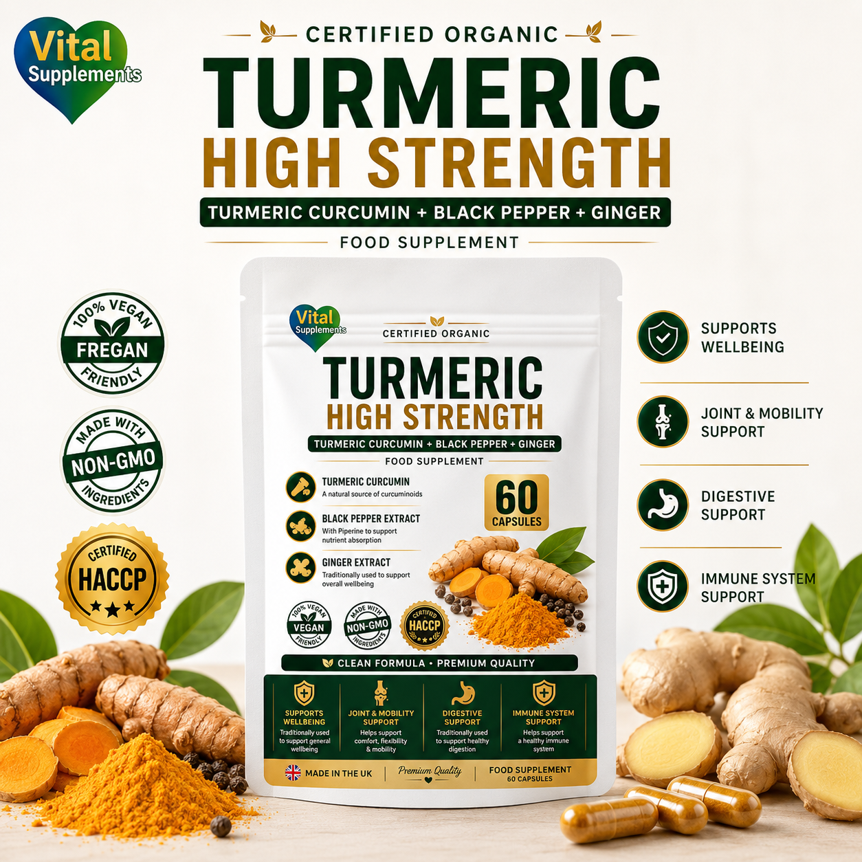 Vital Supplements Turmeric High Strength food supplement pouch shown on a white background with turmeric root, turmeric powder, capsules, and supporting text badges.
