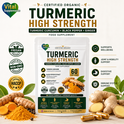 Vital Supplements Turmeric High Strength food supplement pouch shown on a white background with turmeric root, turmeric powder, capsules, and supporting text badges.
