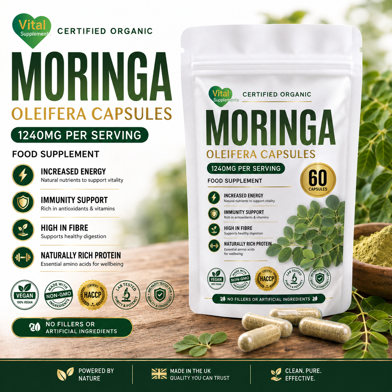 Vital Supplements Certified Organic Moringa Oleifera Capsules in a white stand-up pouch, shown with loose capsules, green leaves, and a wooden surface on a dark green graphic background with product benefits listed on the left.