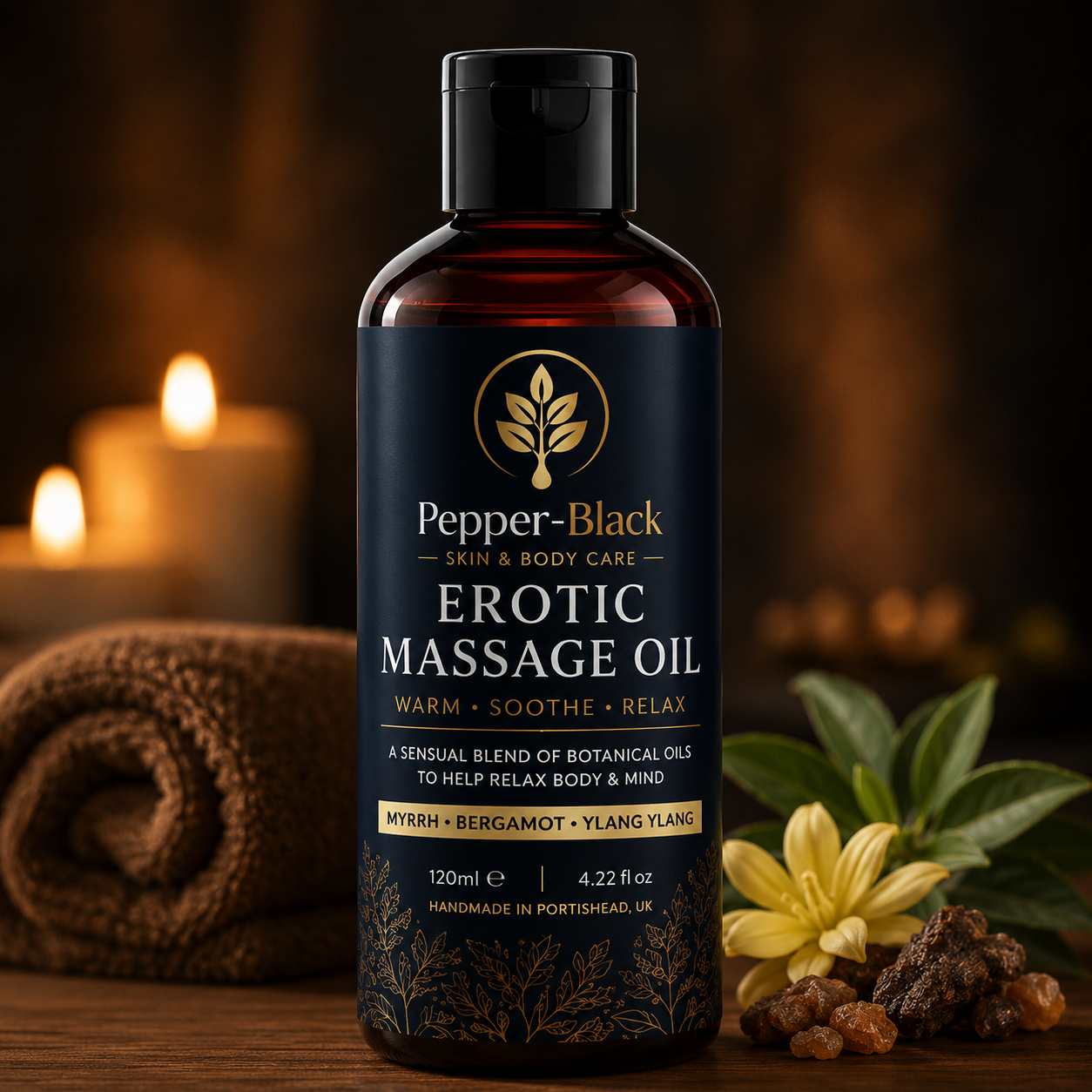 A bottle of Pepper-Black Erotic Massage Oil stands on a wooden surface with a dark, warm, spa-like background featuring blurred candles, a rolled towel, and botanical elements. The bottle is amber glass with a black cap and a dark navy blue label with gold text and graphics.