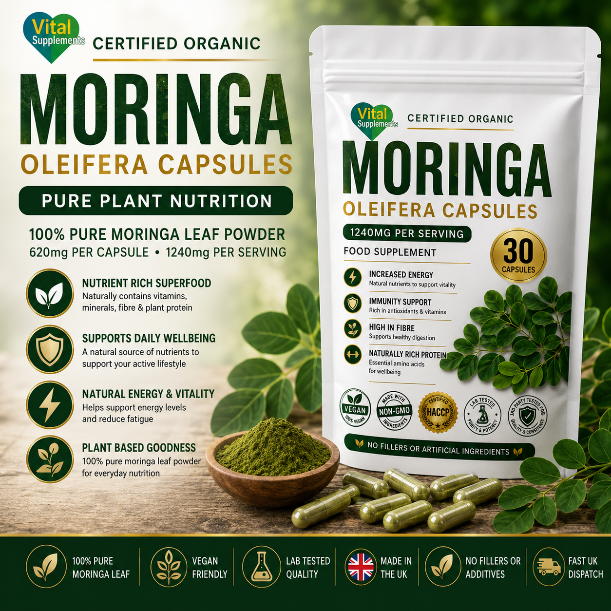 Vital Supplements Certified Organic Moringa Oleifera Capsules packaging shown alongside loose capsules, a bowl of green powder, and fresh moringa leaves on a dark green promotional background with product benefits and icons.