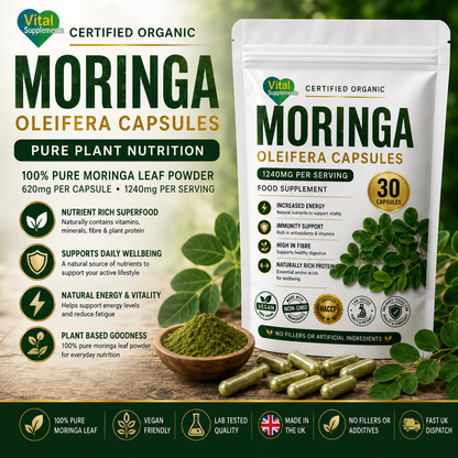 Vital Supplements Certified Organic Moringa Oleifera Capsules packaging shown alongside loose capsules, a bowl of green powder, and fresh moringa leaves on a dark green promotional background with product benefits and icons.