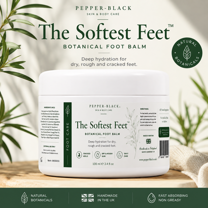 A white jar of Pepper-Black 'The Softest Feet' Botanical Foot Balm, presented on a light wooden surface with a beige textured cloth. The background is a soft-focus beige with green leaves, and the top and bottom of the image feature dark green banners with product details and benefits.