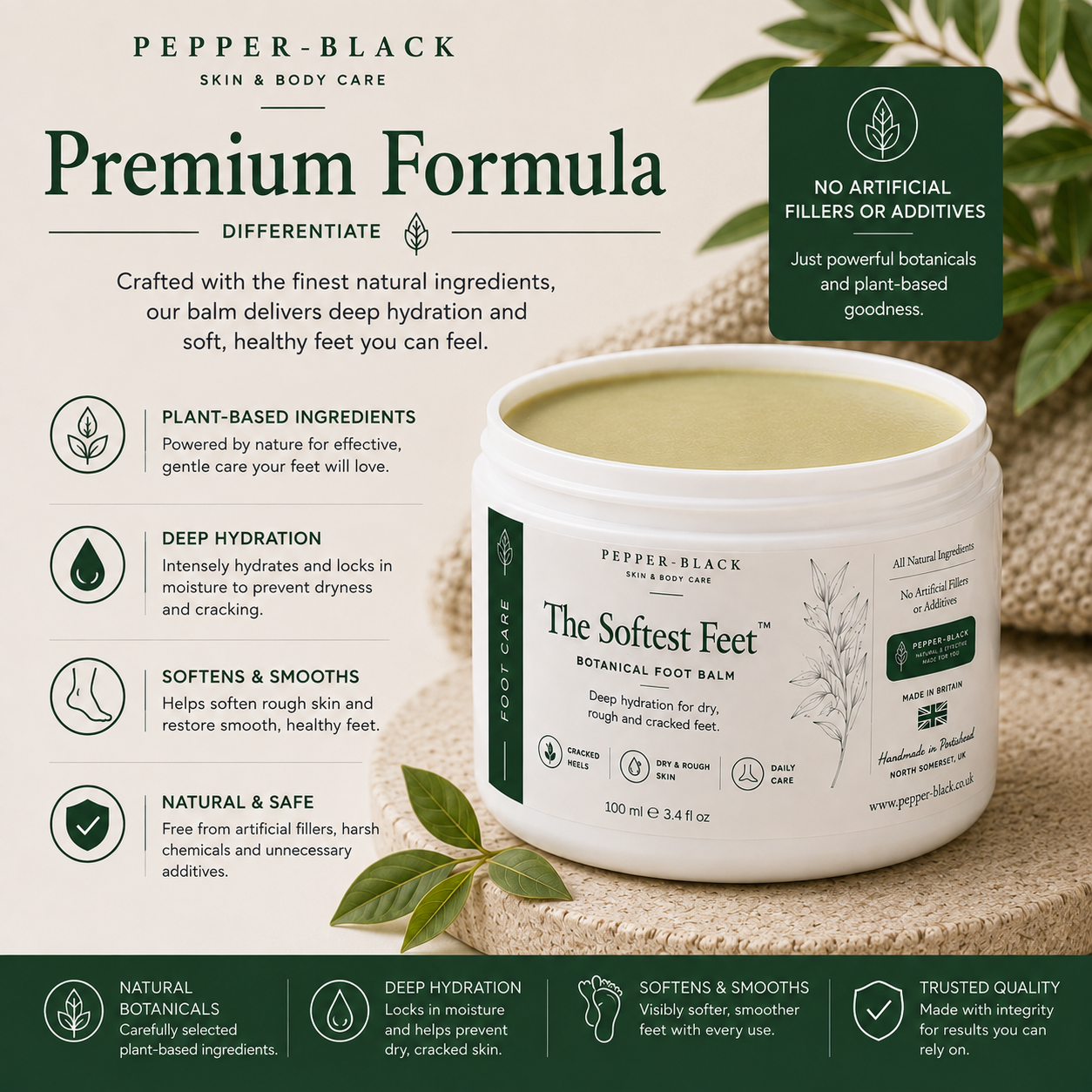 Pepper-Black The Softest Feet Botanical Foot Balm jar shown on a styled background with text callouts about plant-based ingredients, deep hydration, and softening/softness benefits.
