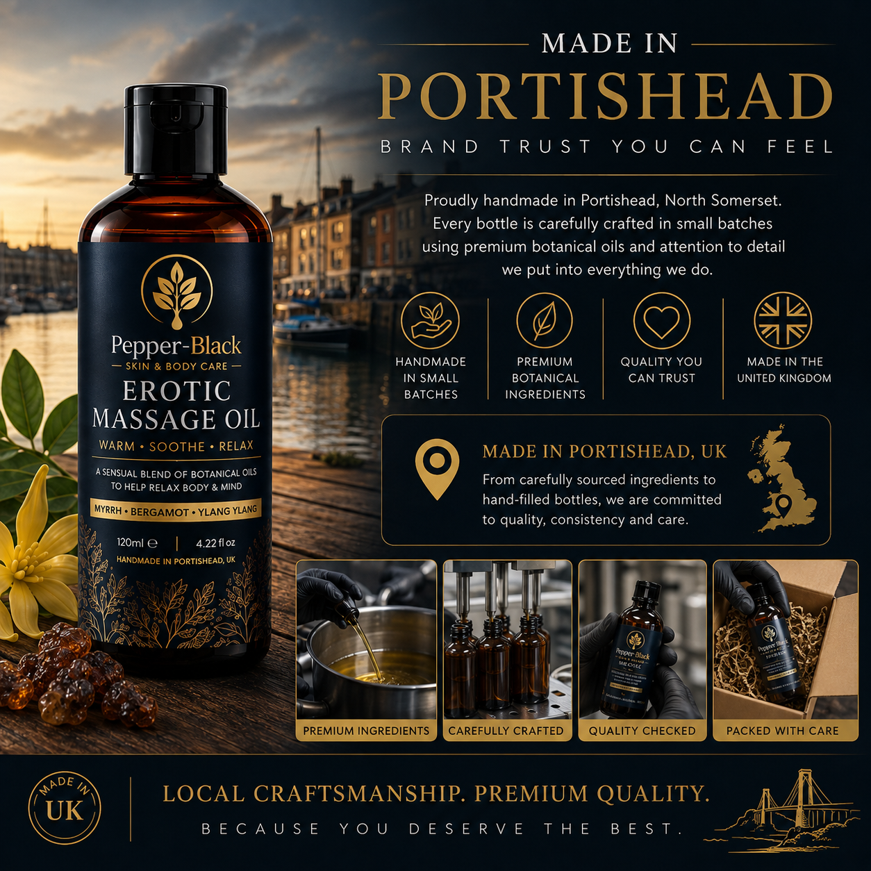 A bottle of Pepper-Black Erotic Massage Oil by Portishead, shown prominently against a dark promotional background with branding text, ingredient icons, and small product detail photos.