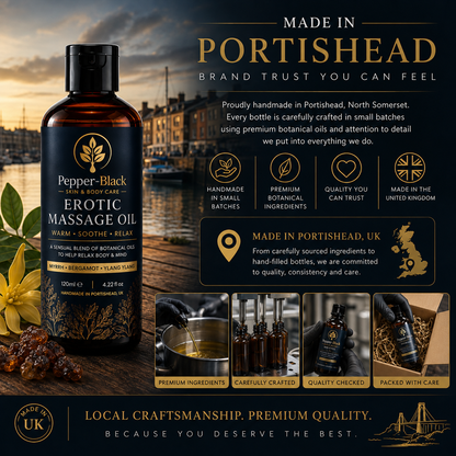 A bottle of Pepper-Black Erotic Massage Oil by Portishead, shown prominently against a dark promotional background with branding text, ingredient icons, and small product detail photos.