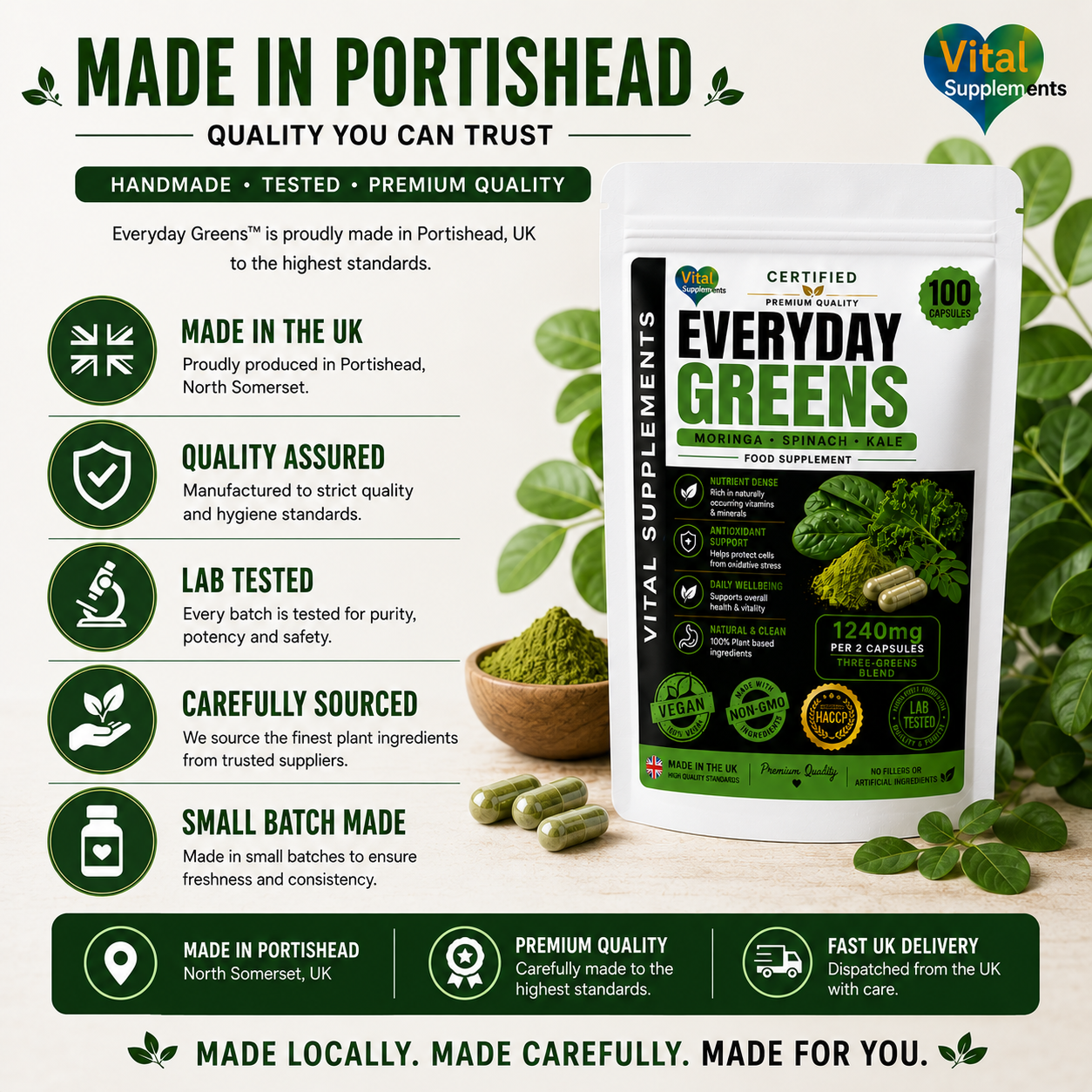 How to take Everyday Greens two capsules daily providing a 1240mg greens blend