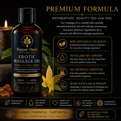 A bottle of Pepper-Black Erotic Massage Oil centered on a dark promotional background with gold typography, ingredient callouts, and decorative botanical elements including a yellow flower and dark berries.