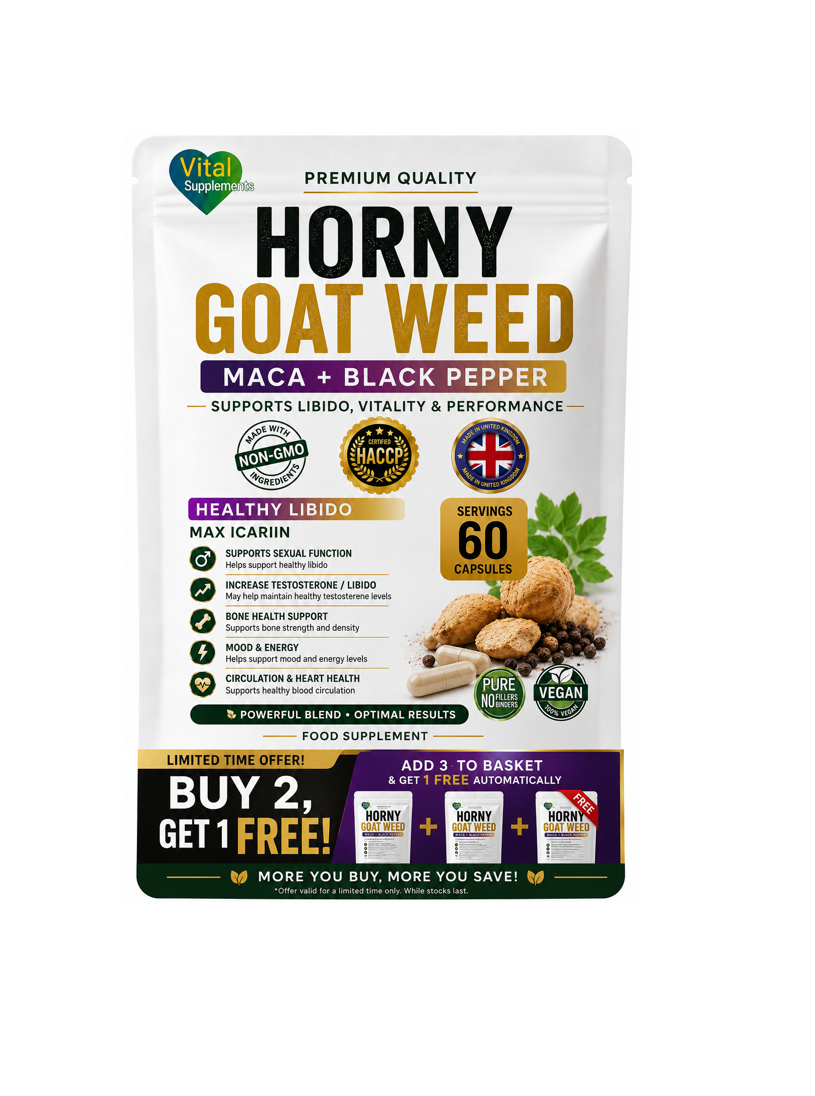 A stand-up pouch of Horny Goat Weed dietary supplement capsules on a plain white background. The package is white with large black and gold text, plus purple banners and small food photography of roots and leaves.