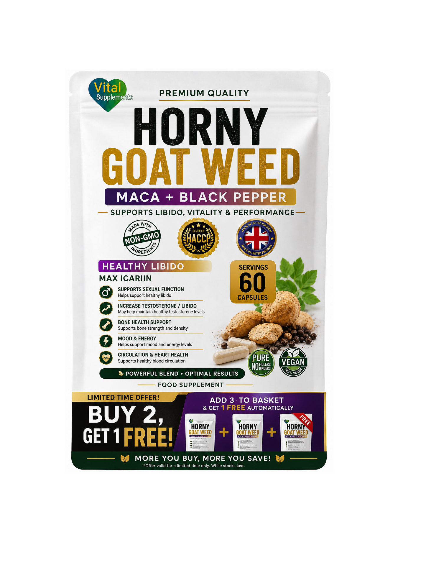 A stand-up pouch of Horny Goat Weed dietary supplement capsules on a plain white background. The package is white with large black and gold text, plus purple banners and small food photography of roots and leaves.