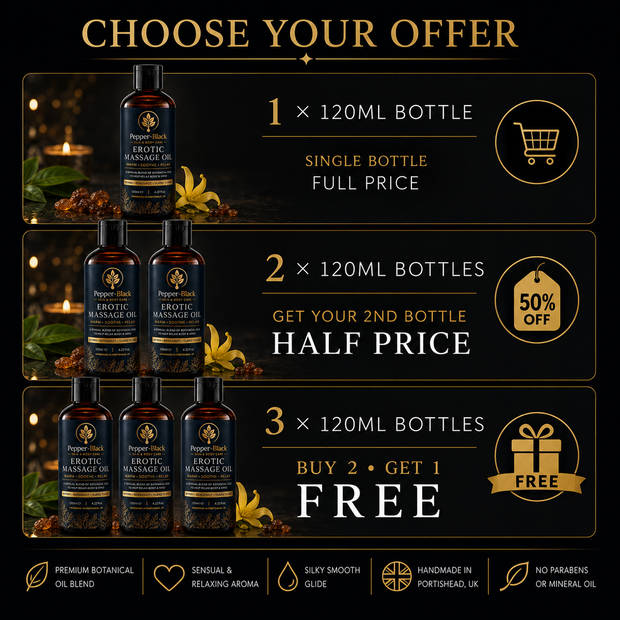 Promotional graphic for Portishack Erotic Massage Oil showing three pricing bundles: 1 bottle at full price, 2 bottles at 50% off, and 3 bottles with 1 free bottle. The image features amber glass bottles with dark blue labels, set against a dark background with gold text and decorative elements.