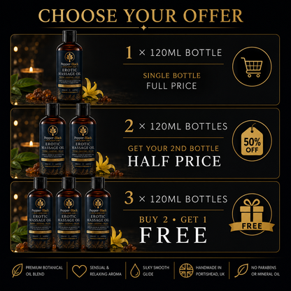 Promotional graphic for Portishack Erotic Massage Oil showing three pricing bundles: 1 bottle at full price, 2 bottles at 50% off, and 3 bottles with 1 free bottle. The image features amber glass bottles with dark blue labels, set against a dark background with gold text and decorative elements.