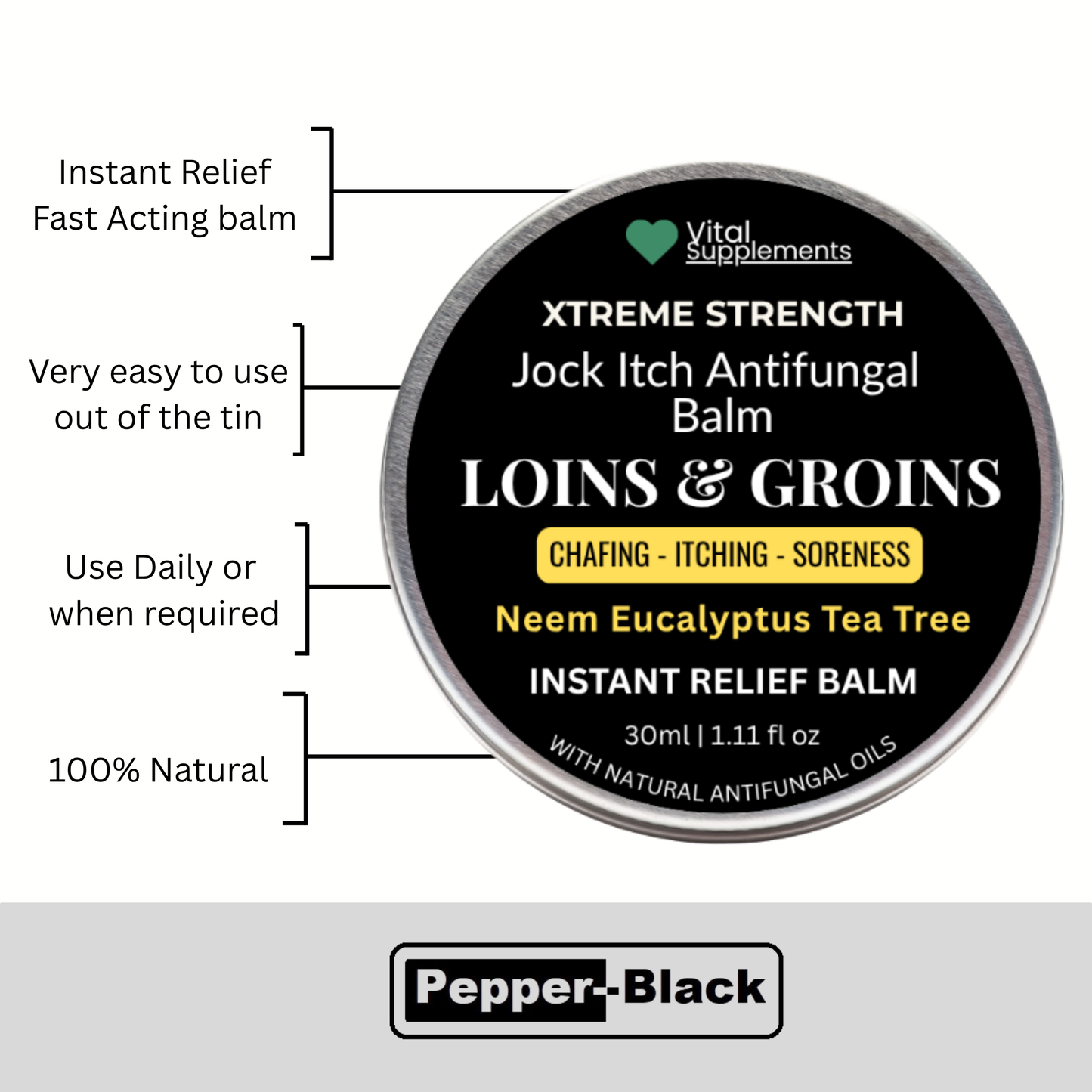 Jock itch antifungal balm tin with text highlighting features on a white background