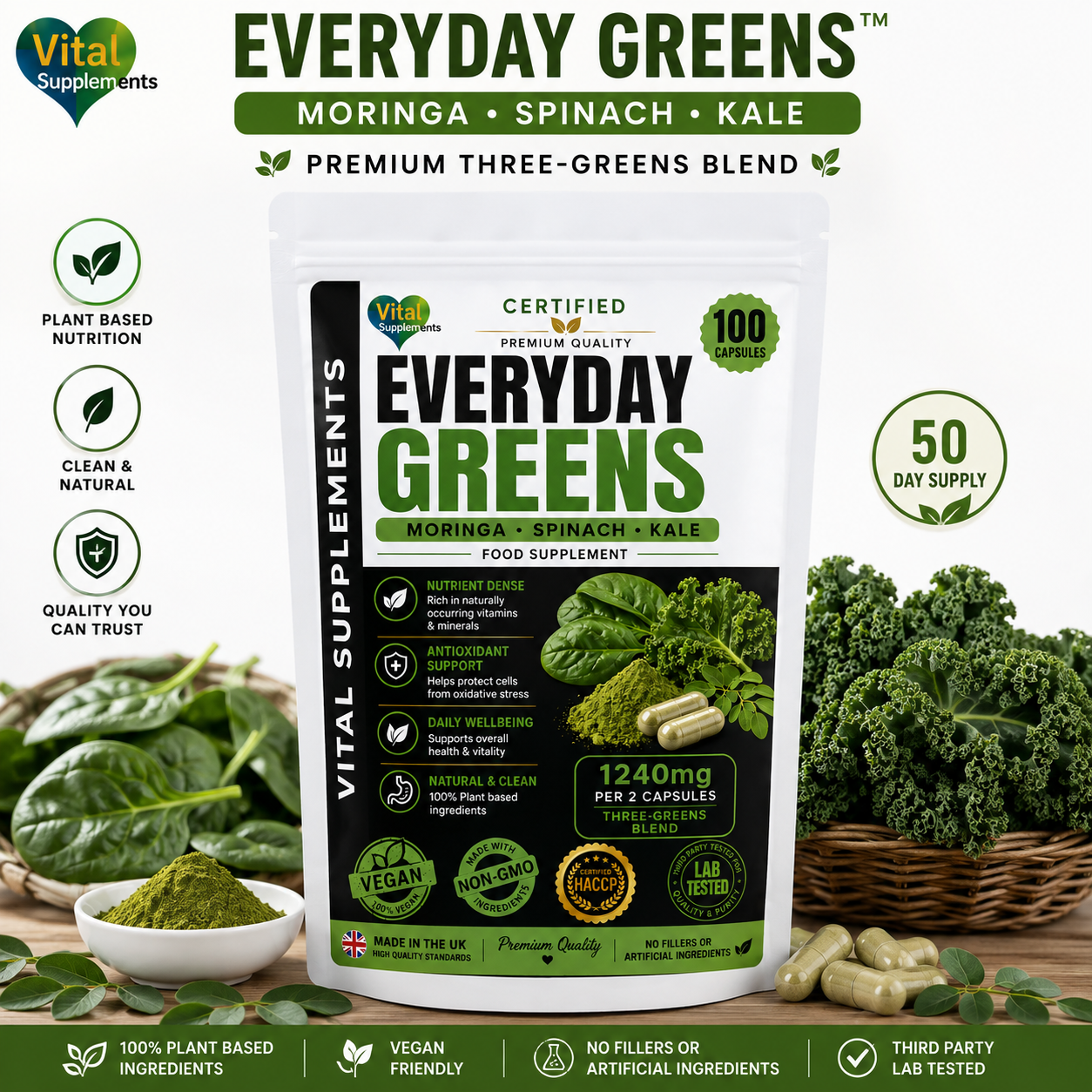 Everyday Greens Moringa Spinach and Kale capsules 1240mg daily blend 100 capsules