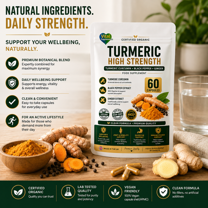 Vital Turmeric High Strength food supplement pouch shown on a styled tabletop with turmeric roots, ginger, and spices. The left side includes marketing text and icons, and the bottom has a green feature banner.