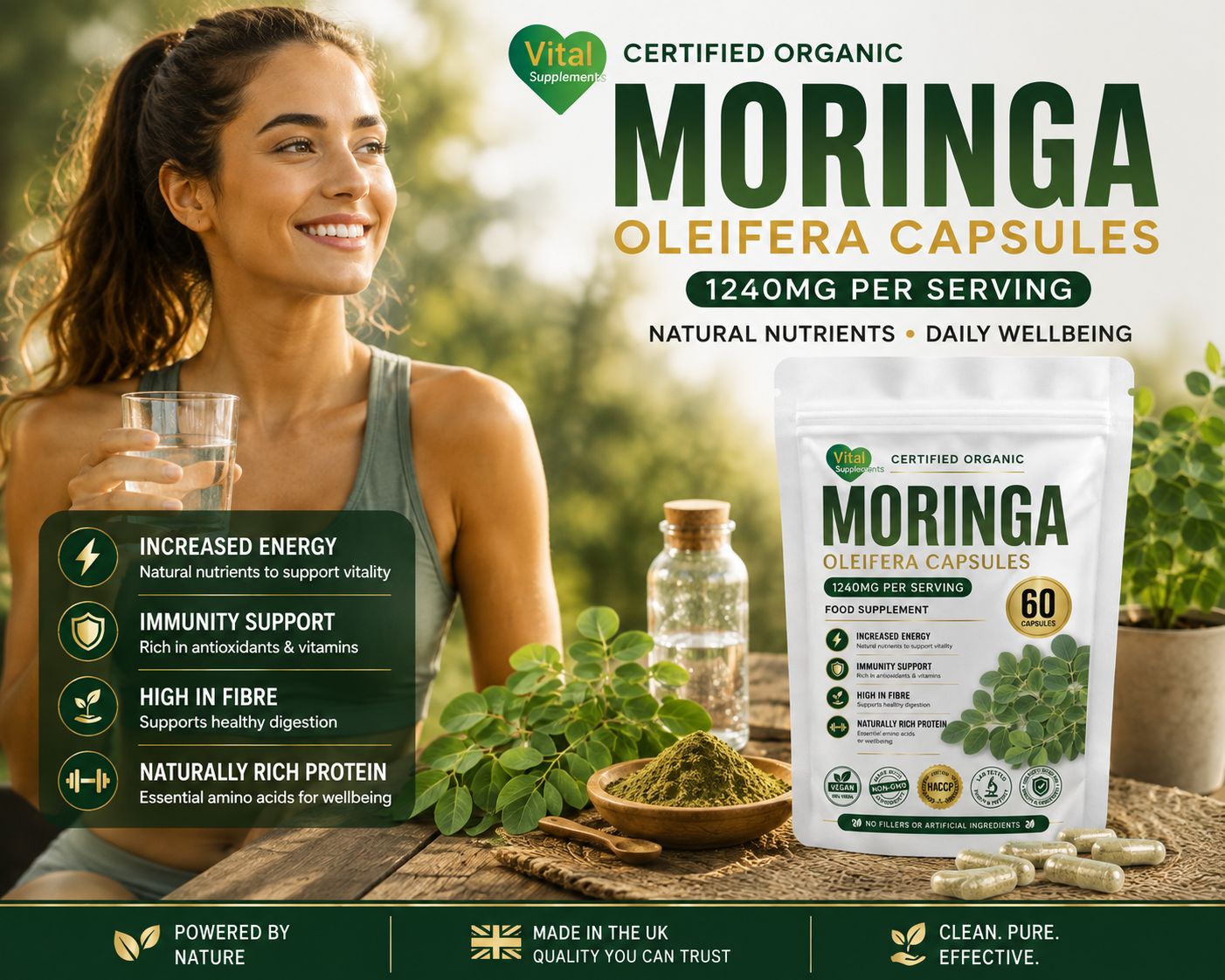 Vital Green Moringa Oleifera Capsules supplement packaging shown on a rustic wooden table with a glass bottle and loose green powder, next to a smiling woman holding a glass of water in an outdoor garden setting.