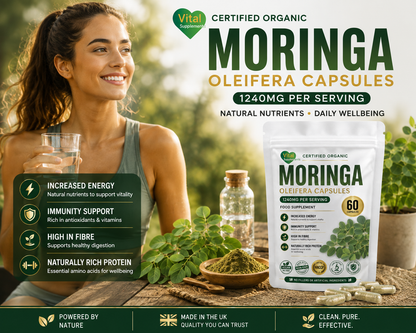 Vital Green Moringa Oleifera Capsules supplement packaging shown on a rustic wooden table with a glass bottle and loose green powder, next to a smiling woman holding a glass of water in an outdoor garden setting.