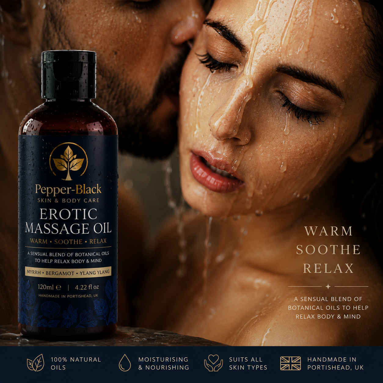 A bottle of Pepper-Black Erotic Massage Oil shown prominently on the left, with a close-up lifestyle scene of a couple embracing under water on the right. The bottle has a dark navy label with gold and white text, and the overall image uses a warm, sensual color palette with water droplets.