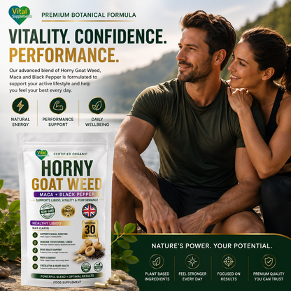 A bag of Vital Supplements Horny Goat Weed (Maca + Black Pepper) is shown in the foreground next to a couple sitting outdoors by a lake, with promotional text overlays on a green and white background.