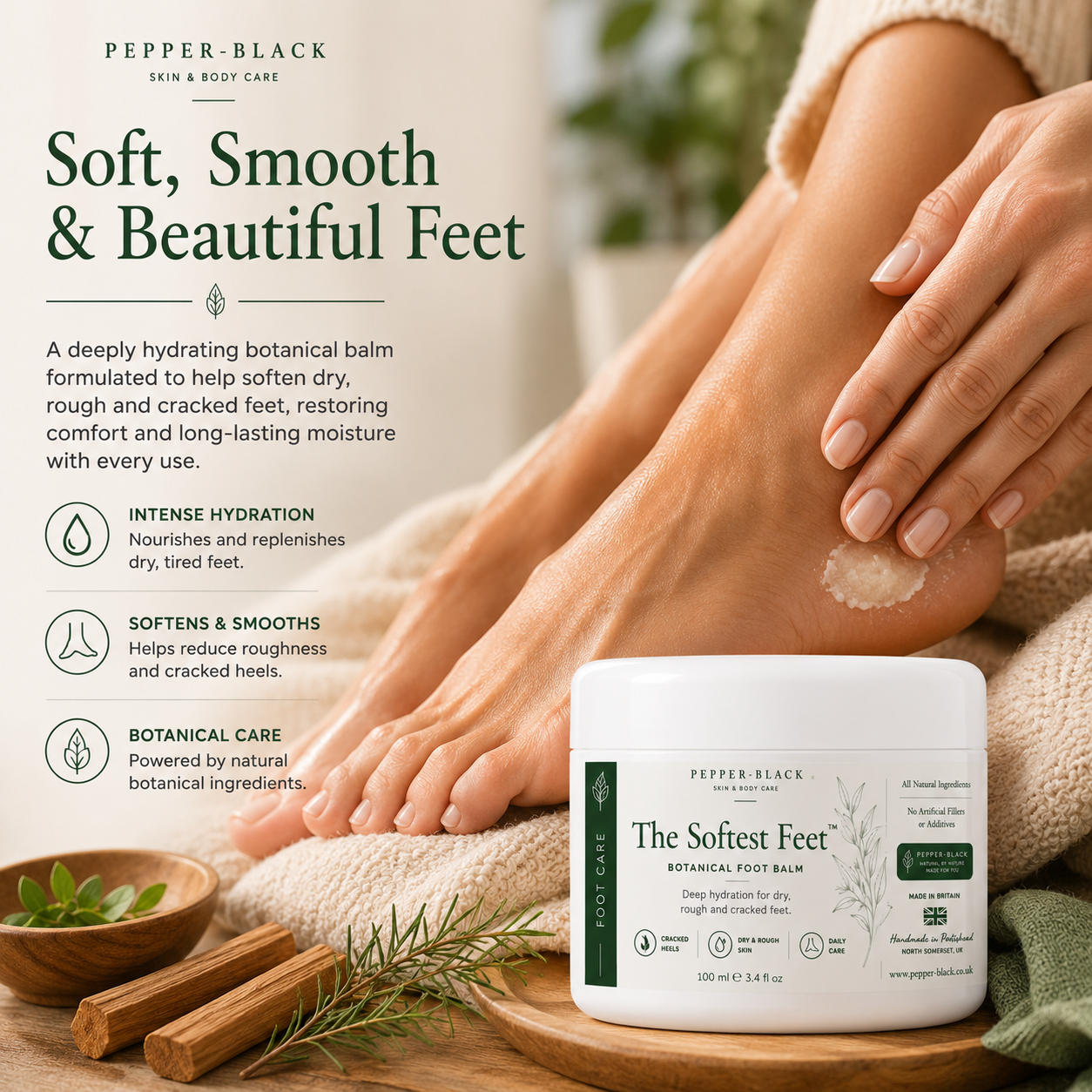 A jar of Pepper-Black The Sofest Feet Botanical Foot Balm placed on a wooden tray beside a person's feet and hands applying a foot scrub, with promotional text on a soft neutral background.