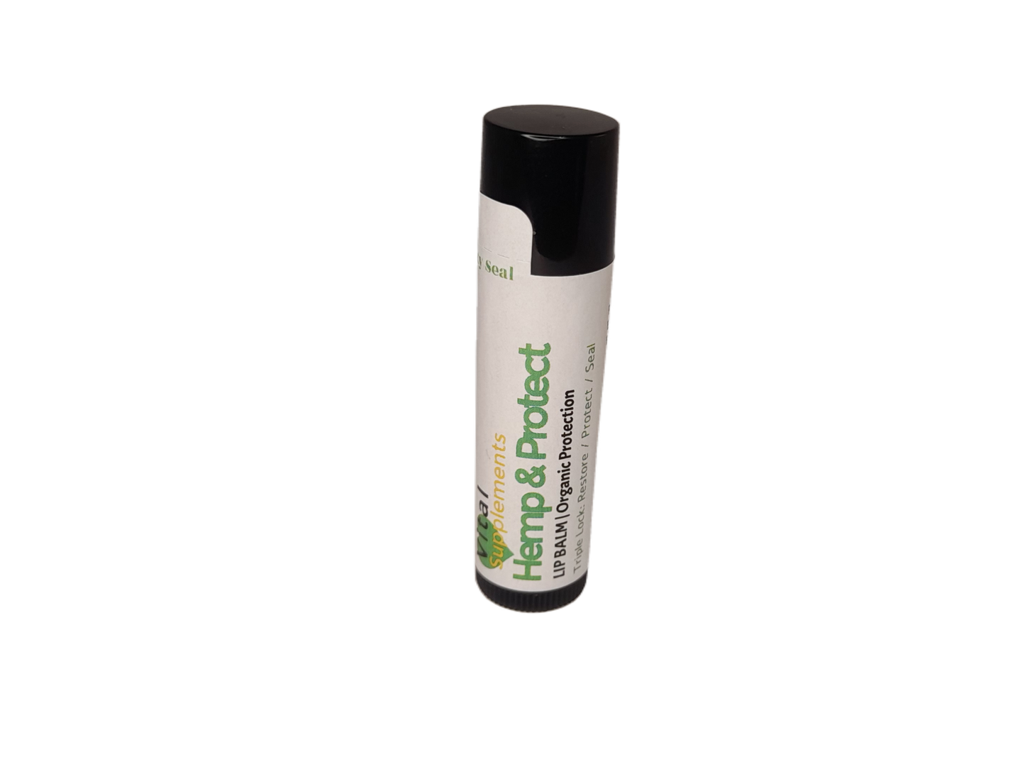 Lip balm with a black cap and white body on a white background