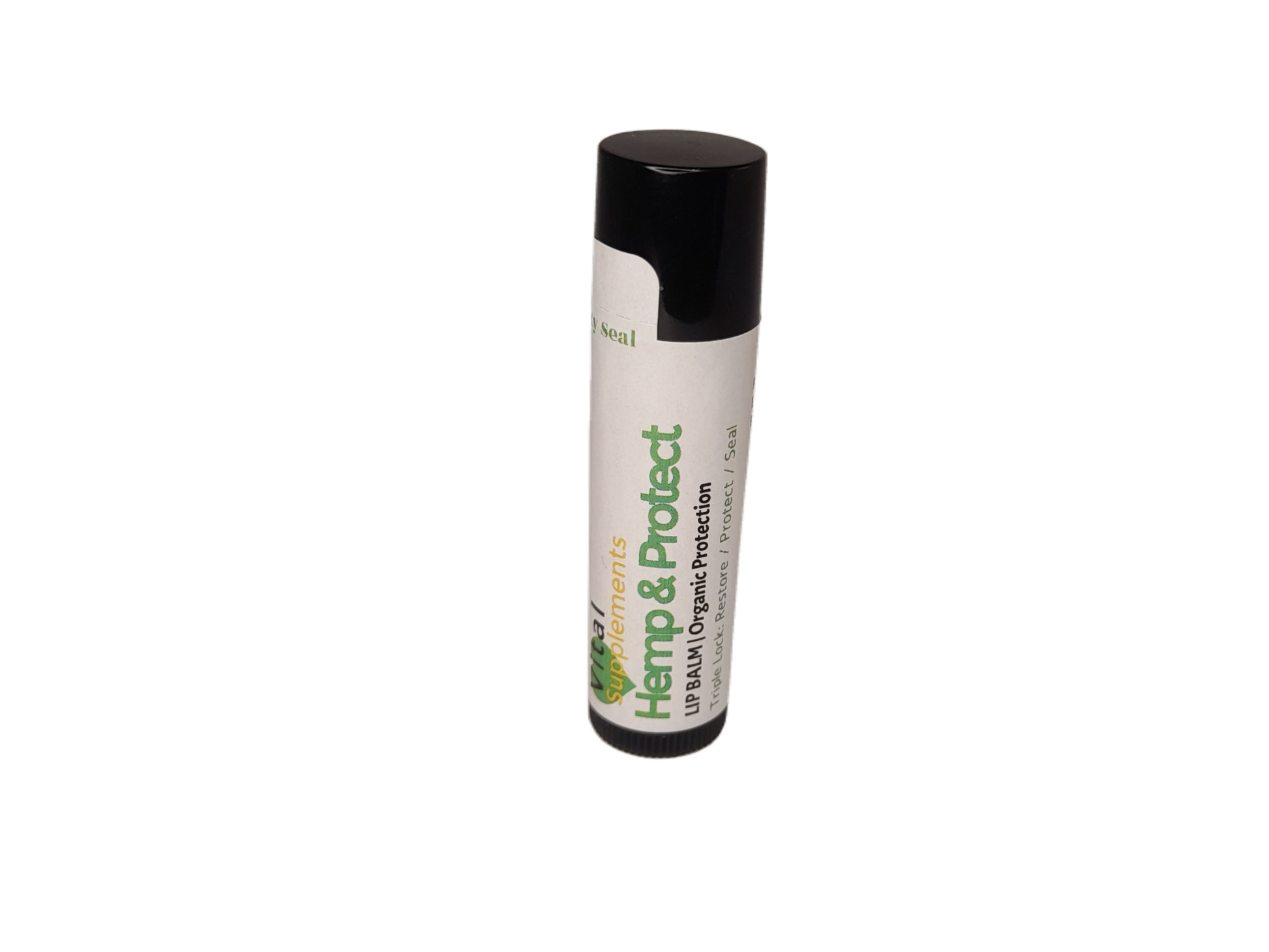 Lip balm with a black cap and white body on a white background
