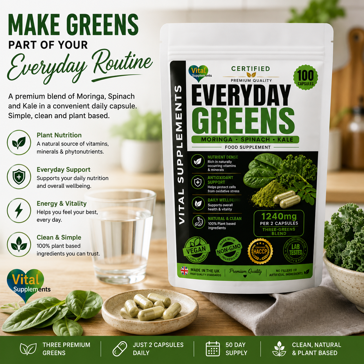 Everyday Greens plant based Moringa Spinach and Kale capsules for a convenient daily routine