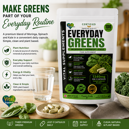 Everyday Greens plant based Moringa Spinach and Kale capsules for a convenient daily routine
