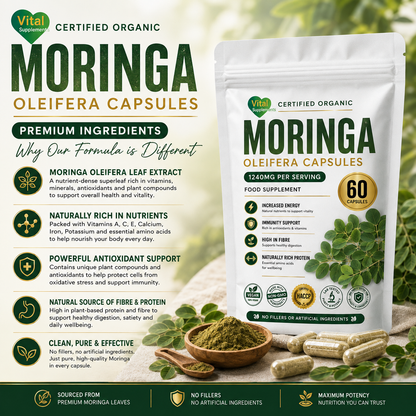 Moringa Capsules 1240mg | Organic Moringa Oleifera Leaf | High Strength Supplements
