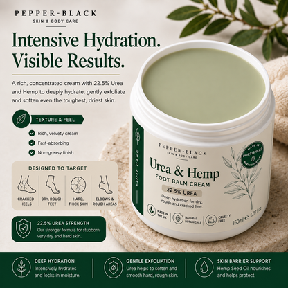 A jar of Pepper-Black Urea & Hemp Foot Balm Cream shown 