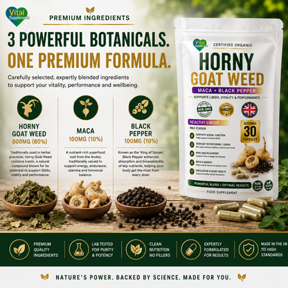 Horny Goat Weed Maca + Black Pepper food supplement pouch by Vital Roots, shown alongside loose herbal ingredients, capsules, and informational text on a dark green background.