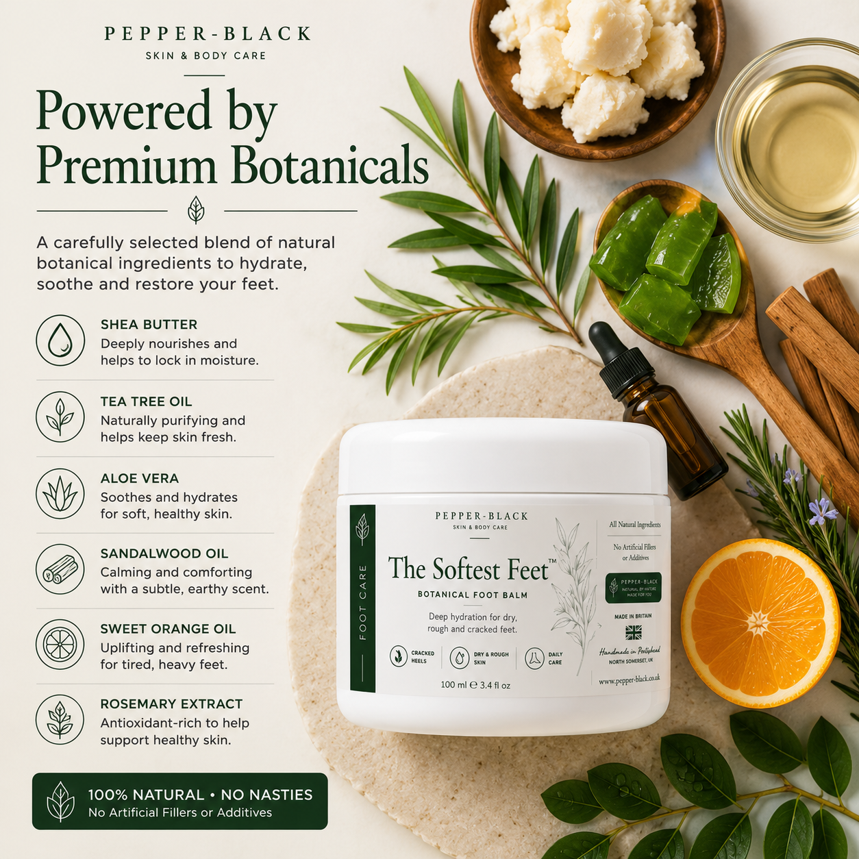Pepper-Black The Sofest Feet Botanical Foot Balm jar shown on a styled beige background with surrounding botanical ingredients, a bowl of white scrub, a glass of oil, and text listing key botanical ingredients.