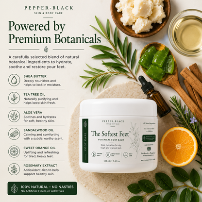 Pepper-Black The Sofest Feet Botanical Foot Balm jar shown on a styled beige background with surrounding botanical ingredients, a bowl of white scrub, a glass of oil, and text listing key botanical ingredients.