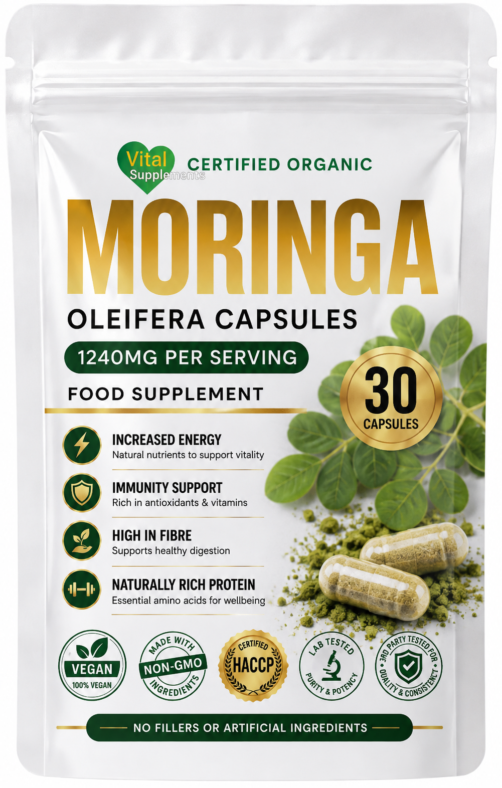 A stand-up pouch of Vital Supplements Moringa Oleifera Capsules, 1240mg per serving, 30 capsules. The packaging is white with gold and green text and graphics, featuring a moringa leaf illustration and two capsules.