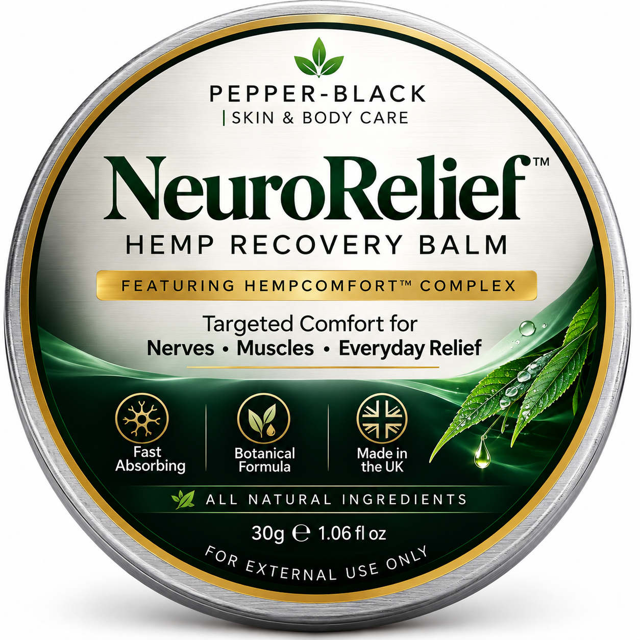 A round metal tin of NeuroRelief Hemp Recovery Balm, featuring a label with a silver and white top half and a dark green bottom half with leaf graphics and product details.