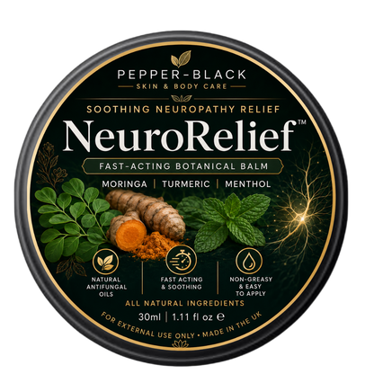 A round black tin of Pepper-Black NeuroRelief soothing neuropathy relief balm, featuring a dark green label with botanical illustrations of moringa and turmeric, and white text.