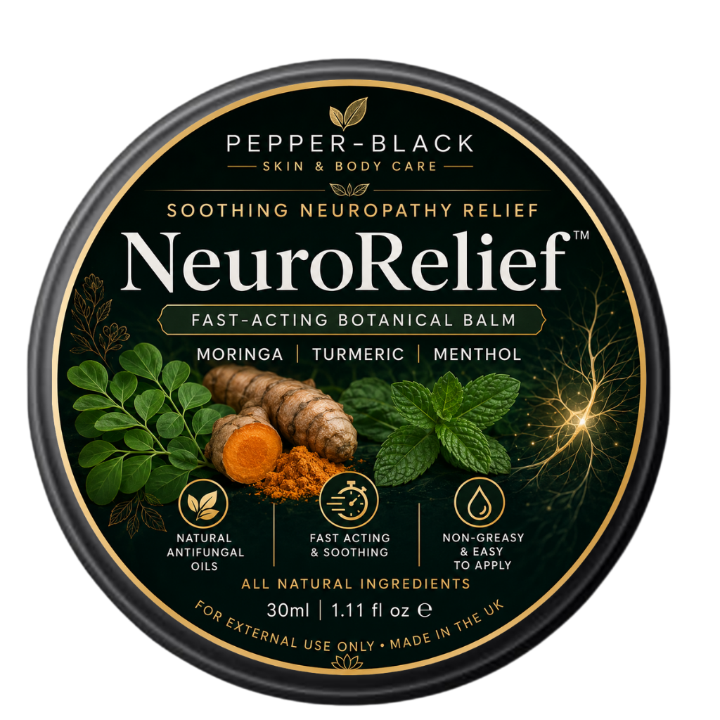 A round black tin of Pepper-Black NeuroRelief soothing neuropathy relief balm, featuring a dark green label with botanical illustrations of moringa and turmeric, and white text.
