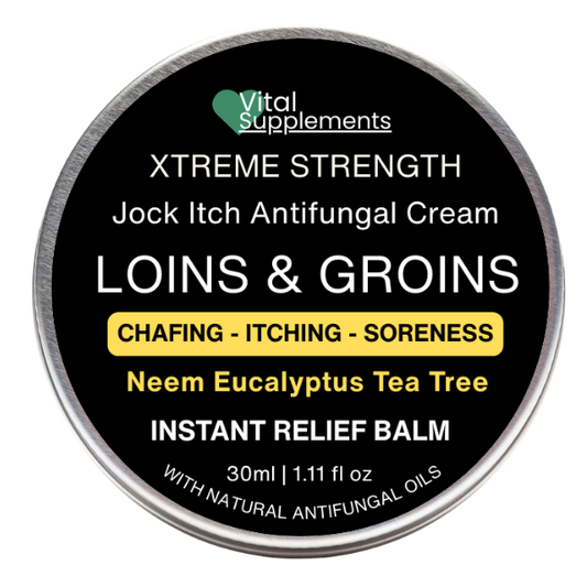 Vital Supplements Xtreme Strength Jock Itch Antifungal Cream container on a white background