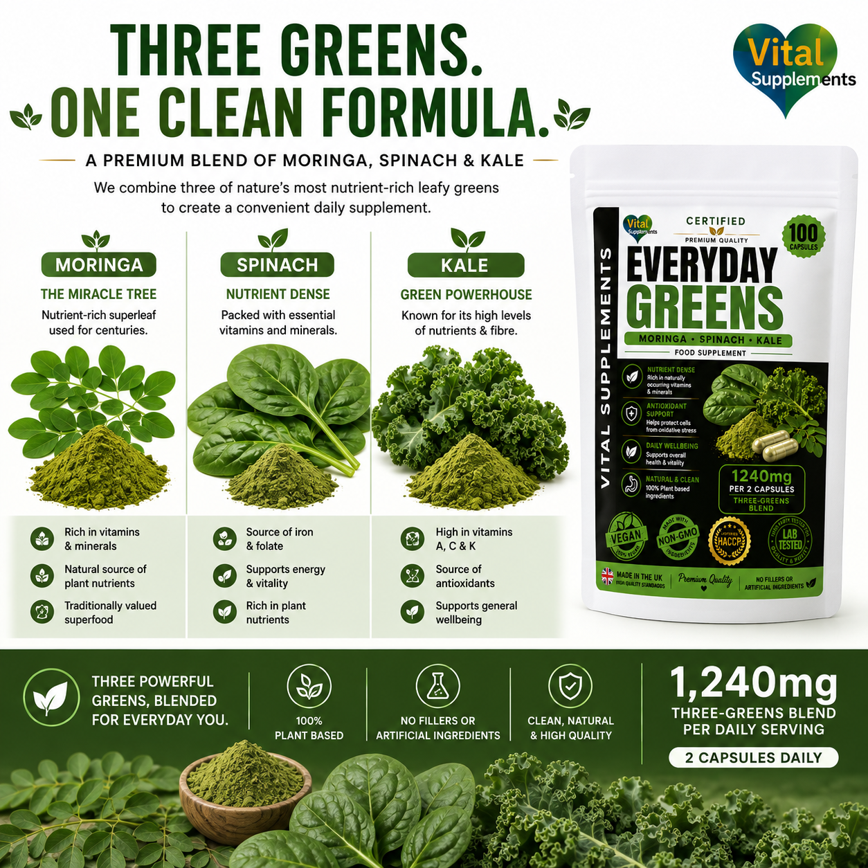 Moringa Spinach and Kale ingredients used in Everyday Greens three greens capsule blend