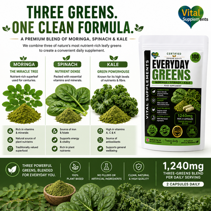 Moringa Spinach and Kale ingredients used in Everyday Greens three greens capsule blend