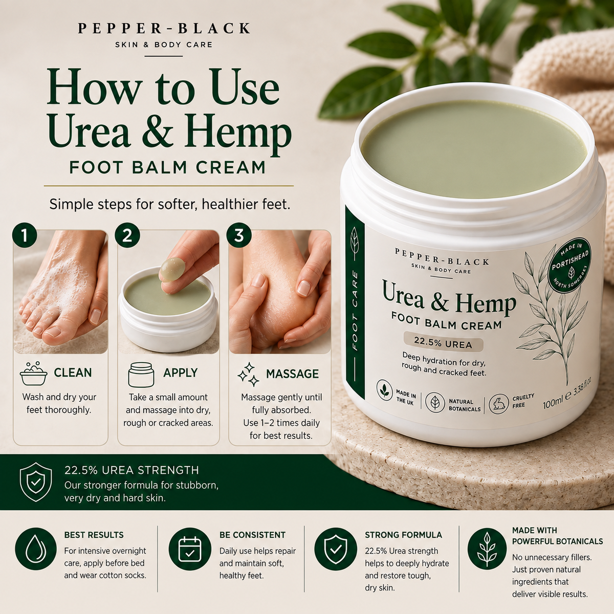 Pepper-Black Urea & Hemp Foot Balm Cream , three-step usage instructions.