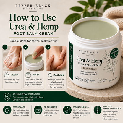 Pepper-Black Urea & Hemp Foot Balm Cream , three-step usage instructions.