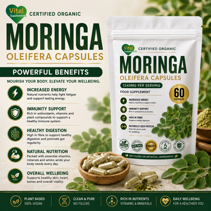 Moringa Capsules 1240mg | Organic Moringa Oleifera Leaf | High Strength Supplements