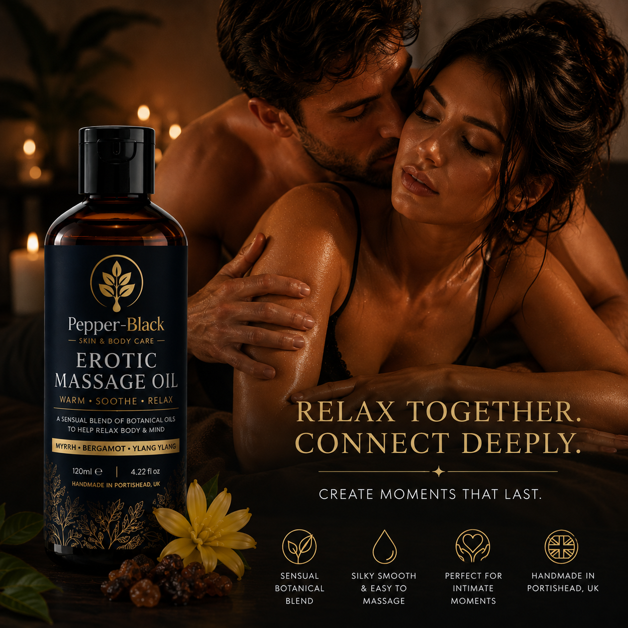 Pepper-Black Erotic Massage Oil bottle shown prominently in the foreground against a warm, dimly lit lifestyle background of a couple embracing. The bottle is dark amber glass with a black label featuring gold text and a gold leaf logo.
