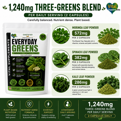 Everyday Greens 1240mg formula with 572mg Moringa 382mg Spinach and 286mg Kale per daily serving