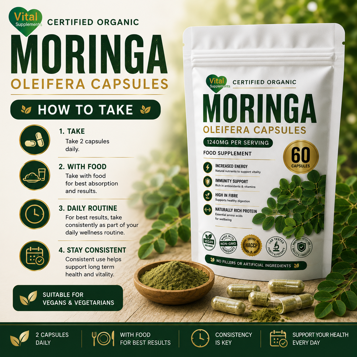 Moringa Capsules 1240mg | Organic Moringa Oleifera Leaf | High Strength Supplements
