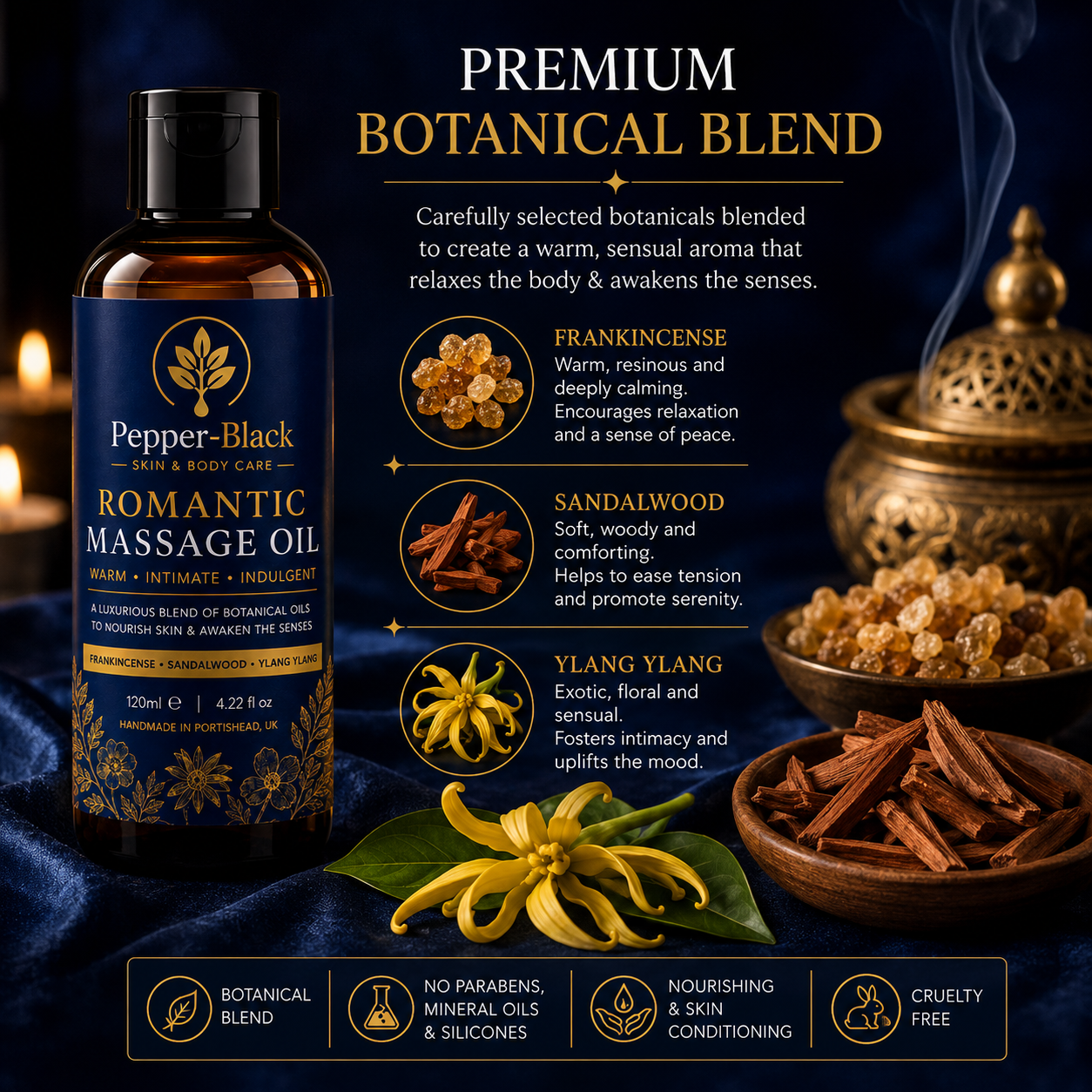 Luxury Botanical Massage Oil – Frankincense, Sandalwood & Ylang Ylang
