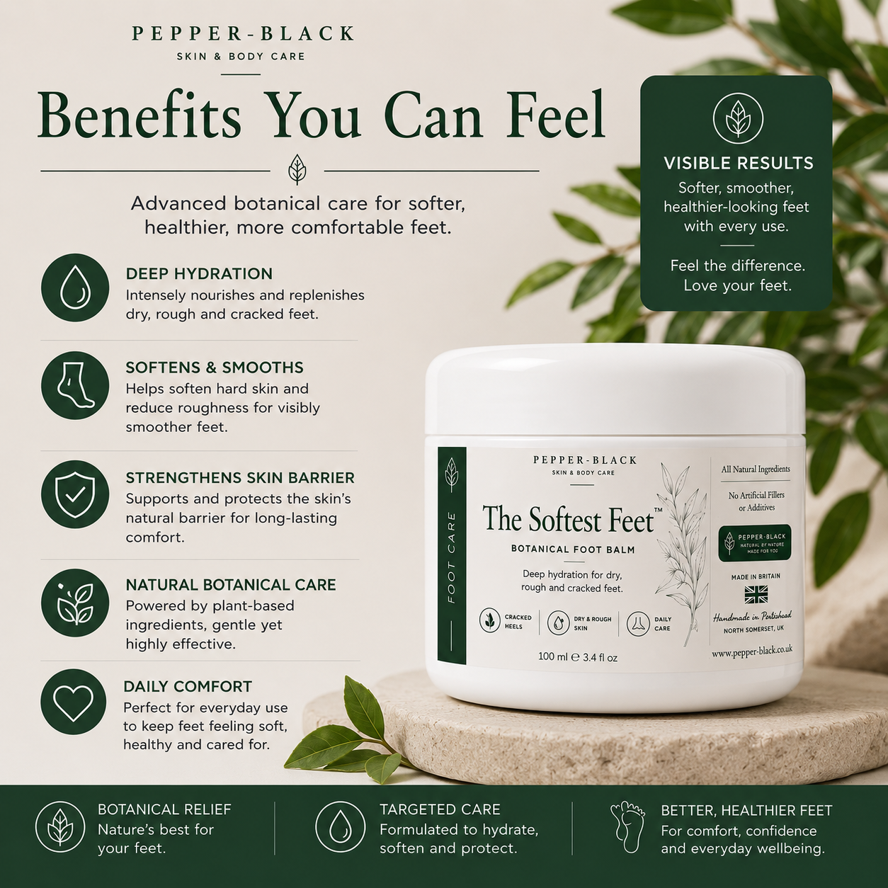 Pepper-Black 'The Softest Feet' botanical foot balm jar shown on a branded marketing graphic with benefit callouts and decorative leaves.